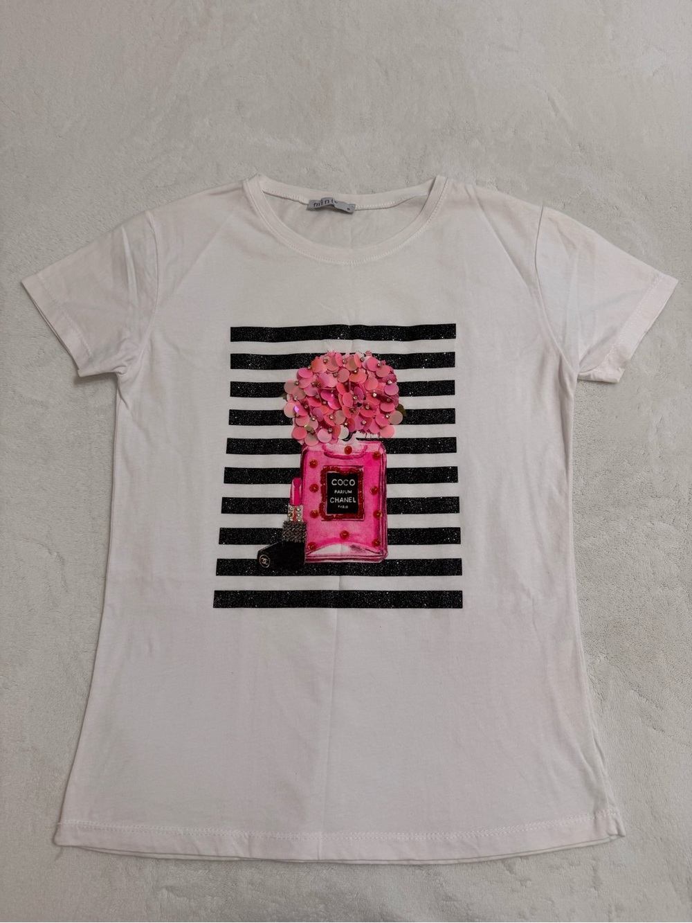 White Tee with Pink Perfume Bottle Graphic